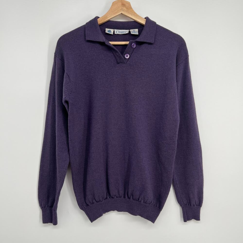 Vtg 70s Corporate Woman Super Fine Wool Sweater Med Amethyst Purple Button Polo